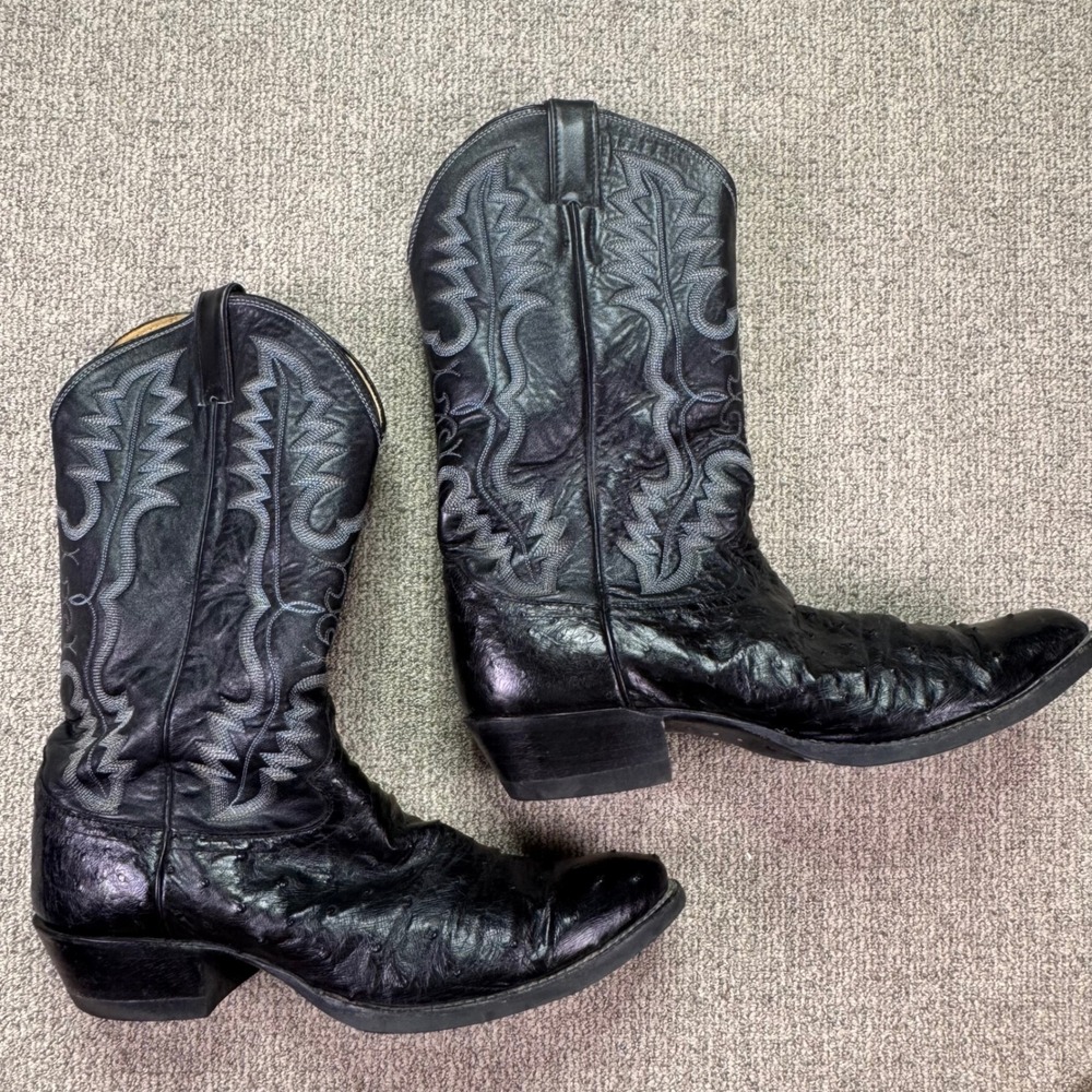 Justin 8733 Black Full Quill Ostrich Cowboy Boots Mens Size 11.5 D EUC